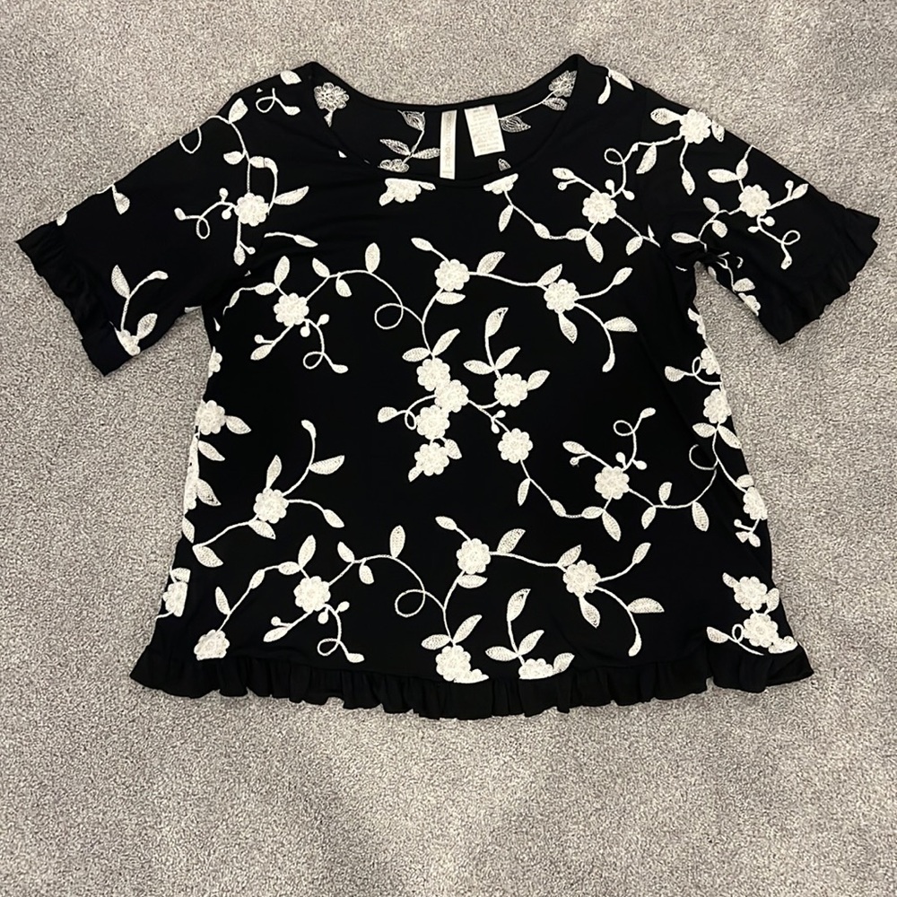 NWOT Embroidered top with ruffle sleeves and hem